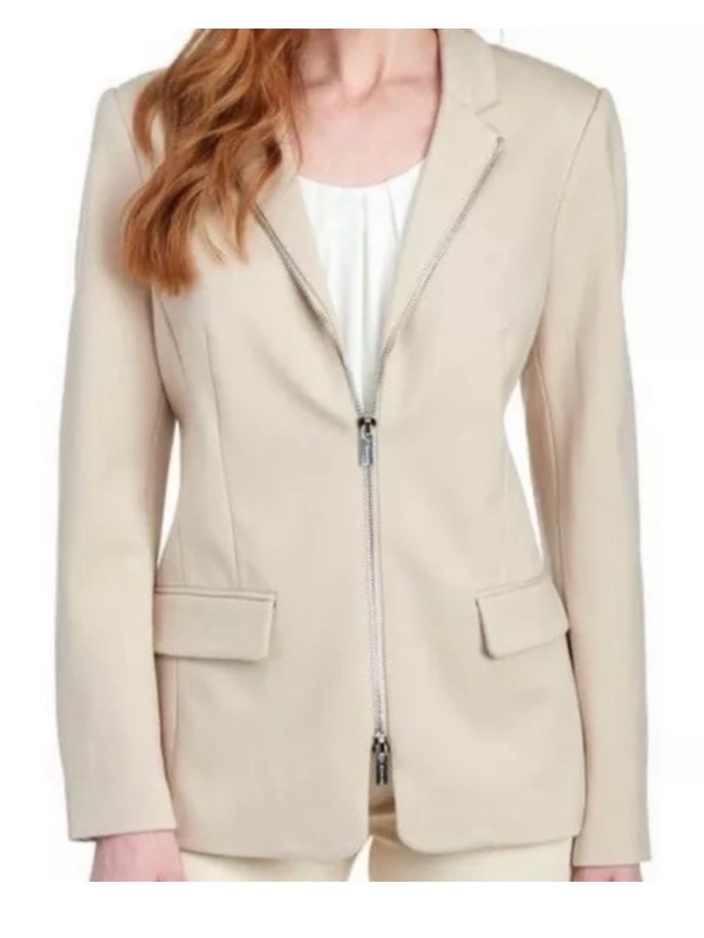 Tahari Cream Zip-Front Tailored Blazer